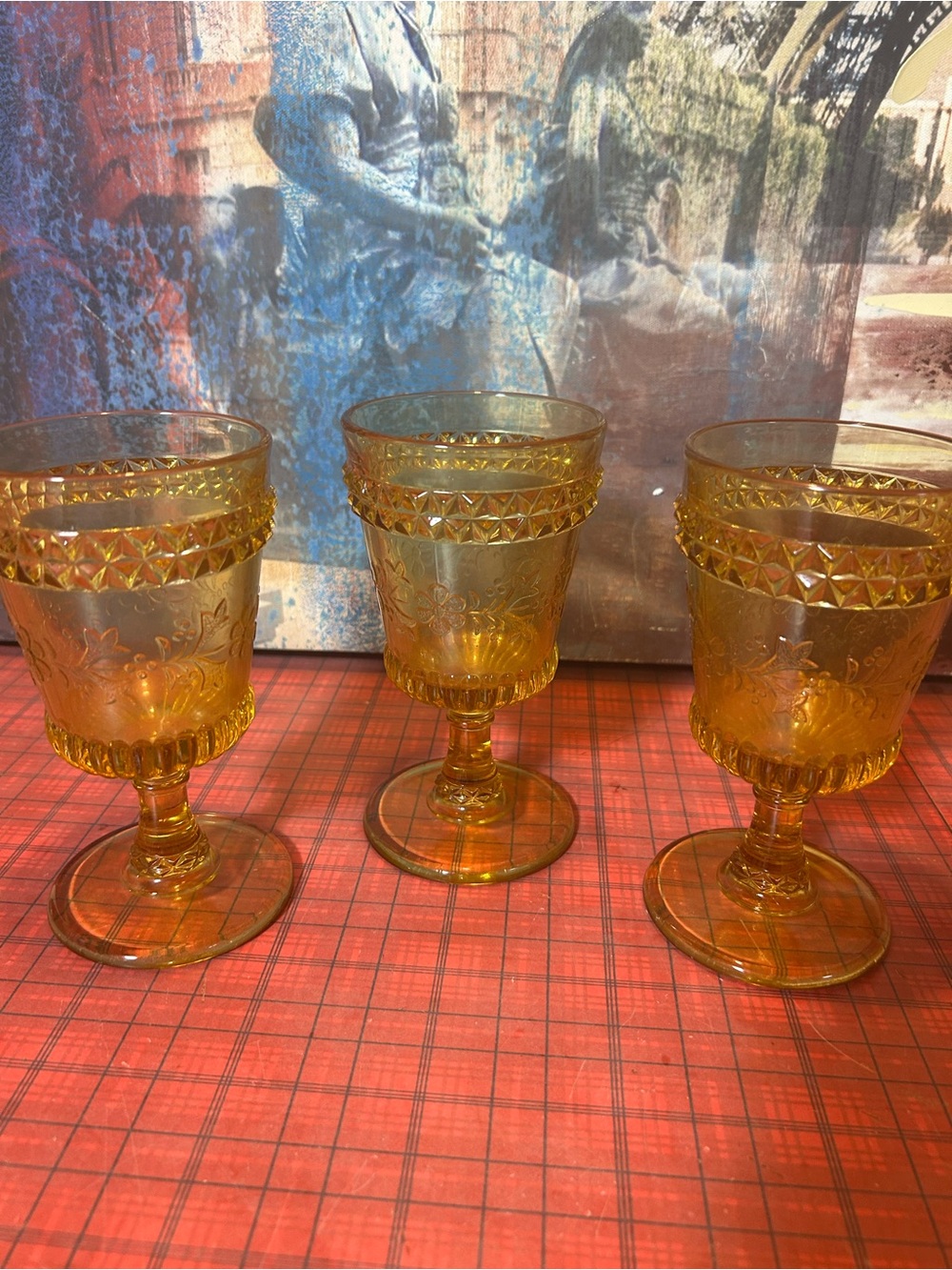 Wright Glass Amber Wildflower Pattern Stemmed Glasses